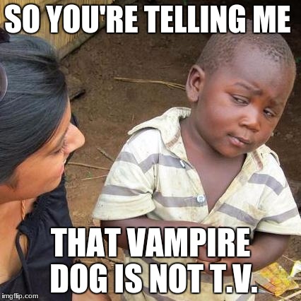 Third World Skeptical Kid Meme | SO YOU'RE TELLING ME; THAT VAMPIRE DOG IS NOT T.V. | image tagged in memes,third world skeptical kid | made w/ Imgflip meme maker