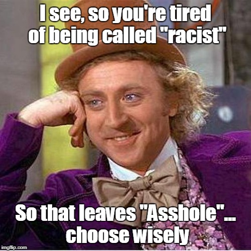willy wonka this | I see, so you're tired of being called "racist"; So that leaves "Asshole"... choose wisely | image tagged in racist,asshole,gene wilder,willie wonka | made w/ Imgflip meme maker