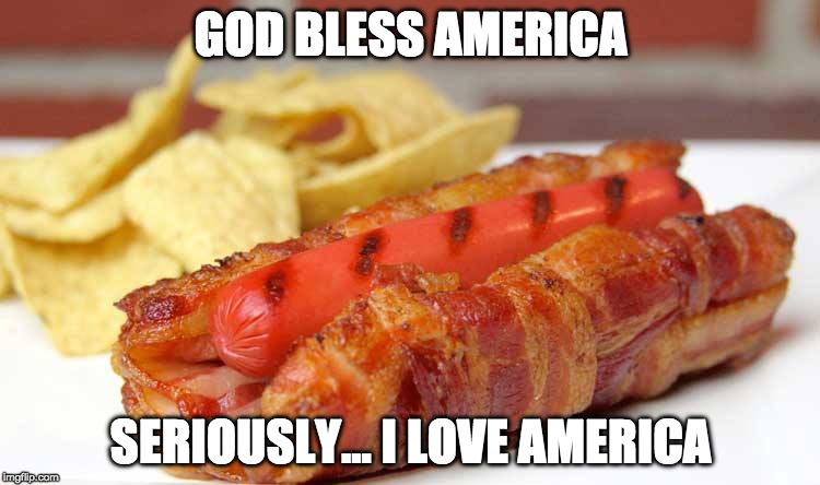 No joke | GOD BLESS AMERICA; SERIOUSLY... I LOVE AMERICA | image tagged in bacon bun,god bless america,iwanttobebacon,iwanttobebaconcom | made w/ Imgflip meme maker