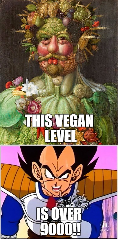 well, i guess you can't spell vegetable without vegeta! | THIS VEGAN LEVEL; IS OVER 9000!! | image tagged in vegan,vegeta | made w/ Imgflip meme maker