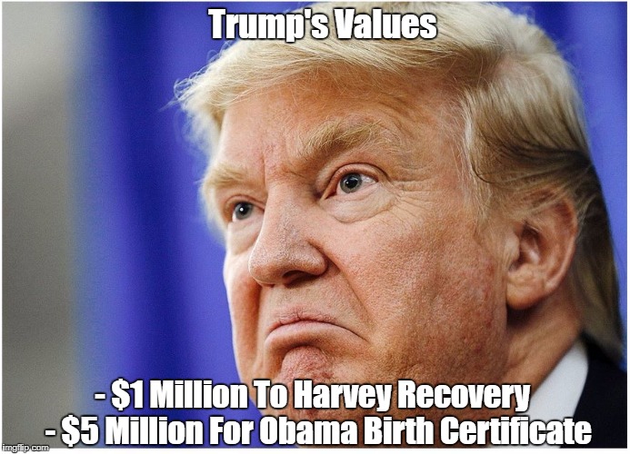 Trump's Values - $1 Million To Harvey Recovery
 - $5 Million For Obama Birth Certificate | made w/ Imgflip meme maker