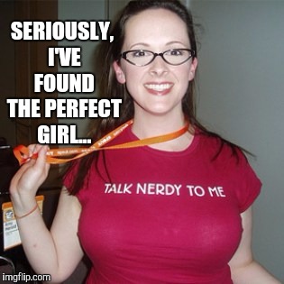 Nothing like a hot geek girl!  | SERIOUSLY, I'VE FOUND THE PERFECT GIRL... | image tagged in jbmemegeek,geeks,hot girl,cute girl | made w/ Imgflip meme maker