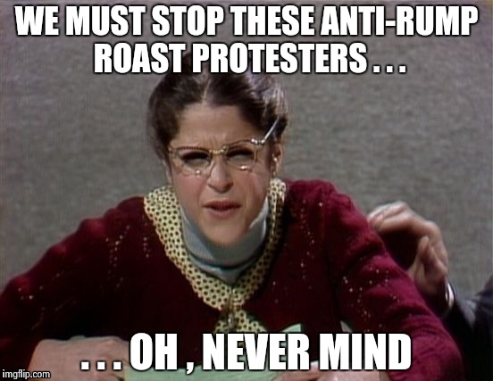 WE MUST STOP THESE ANTI-RUMP ROAST PROTESTERS . . . . . . OH , NEVER MIND | image tagged in emily litella | made w/ Imgflip meme maker