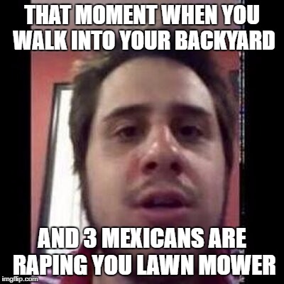 THAT MOMENT WHEN YOU WALK INTO YOUR BACKYARD; AND 3 MEXICANS ARE RAPING YOU LAWN MOWER | made w/ Imgflip meme maker