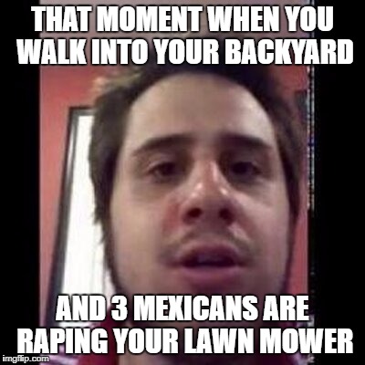 THAT MOMENT WHEN YOU WALK INTO YOUR BACKYARD; AND 3 MEXICANS ARE RAPING YOUR LAWN MOWER | made w/ Imgflip meme maker