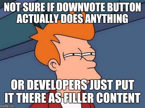 Futurama Fry Meme | NOT SURE IF DOWNVOTE BUTTON ACTUALLY DOES ANYTHING; OR DEVELOPERS JUST PUT IT THERE AS FILLER CONTENT | image tagged in memes,futurama fry | made w/ Imgflip meme maker