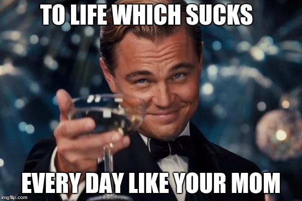 Leonardo Dicaprio Cheers Meme | TO LIFE WHICH SUCKS; EVERY DAY LIKE YOUR MOM | image tagged in memes,leonardo dicaprio cheers | made w/ Imgflip meme maker