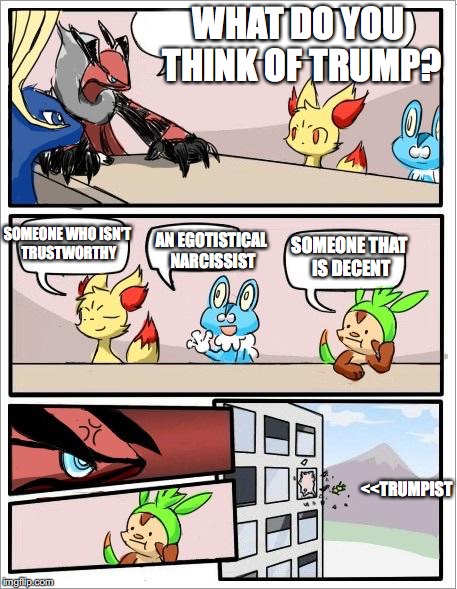 Pokemons' View on Trump | WHAT DO YOU THINK OF TRUMP? SOMEONE WHO ISN'T TRUSTWORTHY; AN EGOTISTICAL NARCISSIST; SOMEONE THAT IS DECENT; <<TRUMPIST | image tagged in pokemon board meeting,donald trump,memes | made w/ Imgflip meme maker