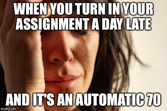 First World Problems | WHEN YOU TURN IN YOUR ASSIGNMENT A DAY LATE; AND IT'S AN AUTOMATIC 70 | image tagged in memes,first world problems | made w/ Imgflip meme maker