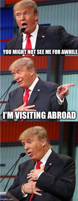Bad Pun Trump | YOU MIGHT NOT SEE ME FOR AWHILE; I'M VISITING ABROAD | image tagged in bad pun trump,memes | made w/ Imgflip meme maker
