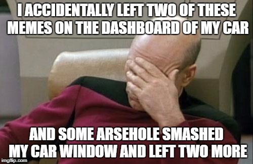 Is this actually what this meme is meant for? | I ACCIDENTALLY LEFT TWO OF THESE MEMES ON THE DASHBOARD OF MY CAR; AND SOME ARSEHOLE SMASHED MY CAR WINDOW AND LEFT TWO MORE | image tagged in memes,captain picard facepalm,dank memes,meanwhile on imgflip,funny,bad puns | made w/ Imgflip meme maker