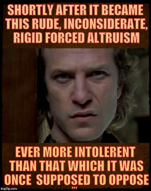 Buffalo Bill, Are you serious?,,, | SHORTLY AFTER IT BECAME THIS RUDE, INCONSIDERATE, RIGID FORCED ALTRUISM EVER MORE INTOLERENT THAN THAT WHICH IT WAS ONCE  SUPPOSED TO OPPOSE | image tagged in buffalo bill are you serious?   | made w/ Imgflip meme maker