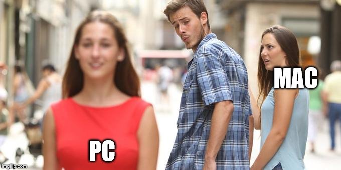 Loser Looking At A Superior Computer | MAC; PC | image tagged in man looking at other woman,memes | made w/ Imgflip meme maker