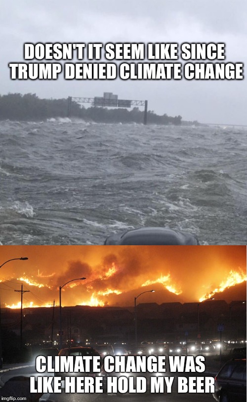 Hold My... | DOESN'T IT SEEM LIKE SINCE TRUMP DENIED CLIMATE CHANGE; CLIMATE CHANGE WAS LIKE HERE HOLD MY BEER | image tagged in climate change,global warming,hurricane harvey,wildfire,flooding | made w/ Imgflip meme maker