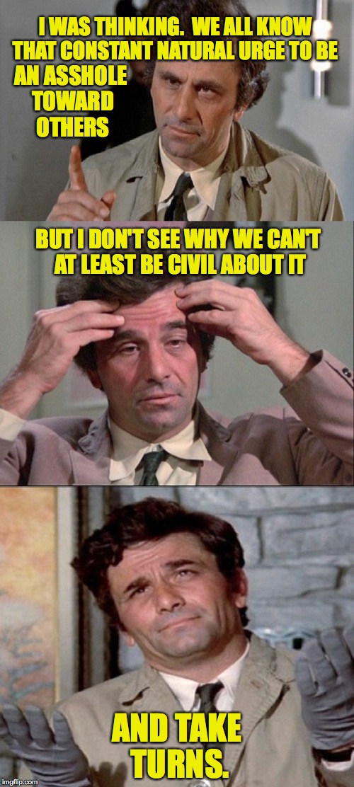 Columbo suggests baby steps. | I WAS THINKING.  WE ALL KNOW THAT CONSTANT NATURAL URGE TO BE; AN ASSHOLE TOWARD OTHERS; BUT I DON'T SEE WHY WE CAN'T AT LEAST BE CIVIL ABOUT IT; AND TAKE TURNS. | image tagged in columbo,memes,do unto others,the golden rule | made w/ Imgflip meme maker