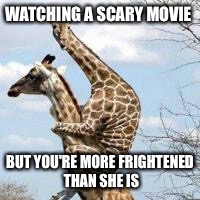 scared giraffe | WATCHING A SCARY MOVIE; BUT YOU'RE MORE FRIGHTENED THAN SHE IS | image tagged in scared giraffe | made w/ Imgflip meme maker