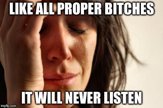 First World Problems Meme | LIKE ALL PROPER B**CHES IT WILL NEVER LISTEN | image tagged in memes,first world problems | made w/ Imgflip meme maker