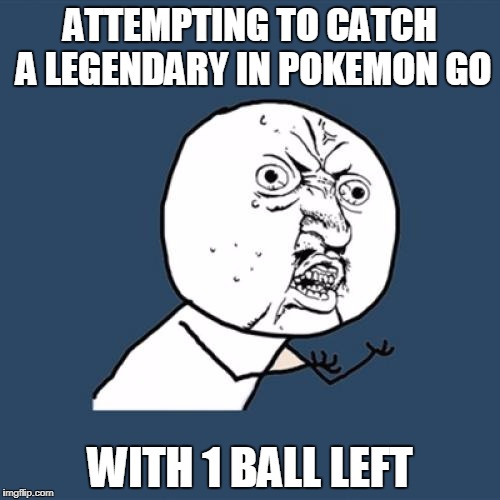 Y U No Meme | ATTEMPTING TO CATCH A LEGENDARY IN POKEMON GO; WITH 1 BALL LEFT | image tagged in memes,y u no | made w/ Imgflip meme maker