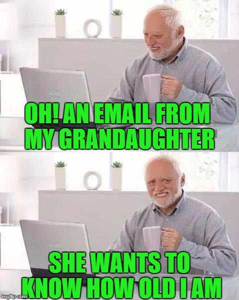 Sure sweety, You can have my dog when I die. | OH! AN EMAIL FROM MY GRANDAUGHTER; SHE WANTS TO KNOW HOW OLD I AM | image tagged in memes,hide the pain harold | made w/ Imgflip meme maker