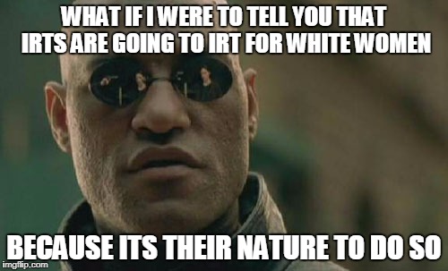 Matrix Morpheus Meme | WHAT IF I WERE TO TELL YOU THAT IRTS ARE GOING TO IRT FOR WHITE WOMEN; BECAUSE ITS THEIR NATURE TO DO SO | image tagged in memes,matrix morpheus | made w/ Imgflip meme maker