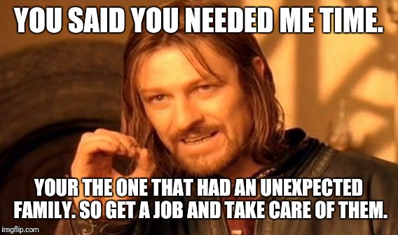 One Does Not Simply Meme | YOU SAID YOU NEEDED ME TIME. YOUR THE ONE THAT HAD AN UNEXPECTED FAMILY. SO GET A JOB AND TAKE CARE OF THEM. | image tagged in memes,one does not simply | made w/ Imgflip meme maker