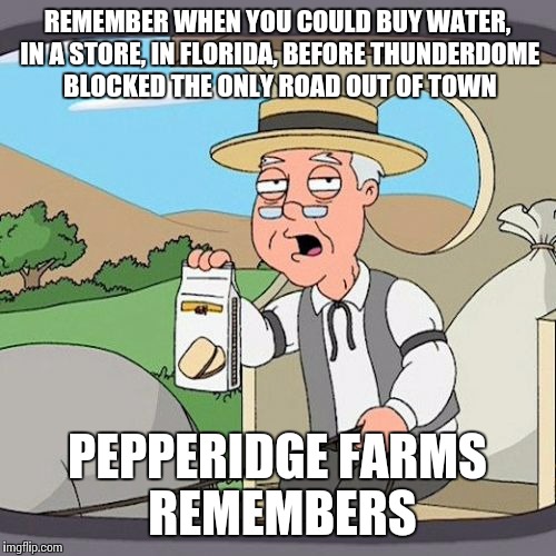 Florida gonna be like | REMEMBER WHEN YOU COULD BUY WATER, IN A STORE, IN FLORIDA, BEFORE THUNDERDOME BLOCKED THE ONLY ROAD OUT OF TOWN; PEPPERIDGE FARMS REMEMBERS | image tagged in memes,pepperidge farm remembers,hurricane irma,meanwhile in florida | made w/ Imgflip meme maker