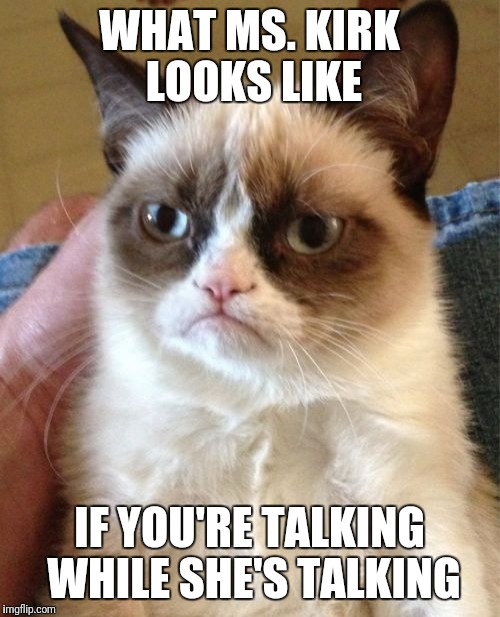 Grumpy Cat Meme | WHAT MS. KIRK LOOKS LIKE; IF YOU'RE TALKING WHILE SHE'S TALKING | image tagged in memes,grumpy cat | made w/ Imgflip meme maker