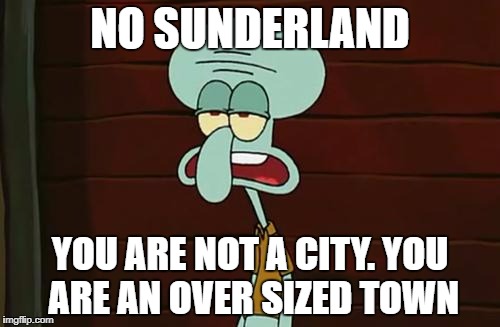 Even Squidward disagrees of Sunderland being classed as a "City" | NO SUNDERLAND; YOU ARE NOT A CITY. YOU ARE AN OVER SIZED TOWN | image tagged in no patrick mayonnaise is not a instrument,memes,squidward,sunderland,city of sunderland,so true memes | made w/ Imgflip meme maker