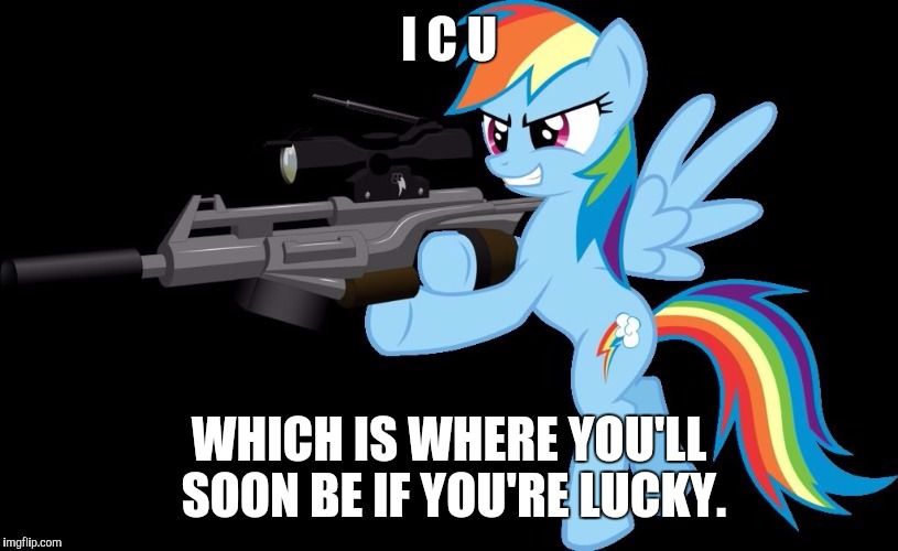 PONIES CAN GET KIND OF INTENSE. :D | I C U; WHICH IS WHERE YOU'LL SOON BE IF YOU'RE LUCKY. | image tagged in funny,mlp,guns,humor,animals,memes | made w/ Imgflip meme maker