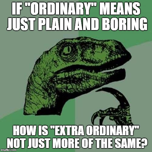 Philosoraptor | IF "ORDINARY" MEANS JUST PLAIN AND BORING; HOW IS "EXTRA ORDINARY" NOT JUST MORE OF THE SAME? | image tagged in memes,philosoraptor | made w/ Imgflip meme maker