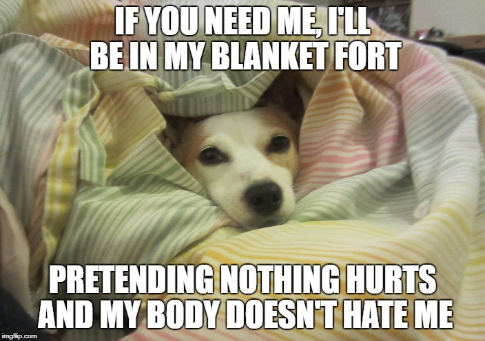 Dog hiding under a blanket | IF YOU NEED ME, I'LL BE IN MY BLANKET FORT; PRETENDING NOTHING HURTS AND MY BODY DOESN'T HATE ME | image tagged in dog hiding under a blanket | made w/ Imgflip meme maker