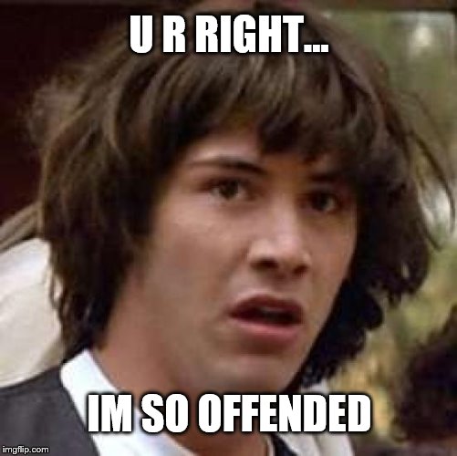 Conspiracy Keanu | U R RIGHT... IM SO OFFENDED | image tagged in memes,conspiracy keanu,so offended | made w/ Imgflip meme maker