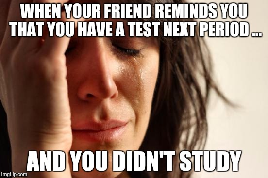 First World Problems Meme | WHEN YOUR FRIEND REMINDS YOU THAT YOU HAVE A TEST NEXT PERIOD ... AND YOU DIDN'T STUDY | image tagged in memes,first world problems | made w/ Imgflip meme maker