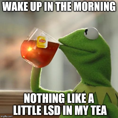 But That's None Of My Business Meme | WAKE UP IN THE MORNING; NOTHING LIKE A LITTLE LSD IN MY TEA | image tagged in memes,but thats none of my business,kermit the frog | made w/ Imgflip meme maker