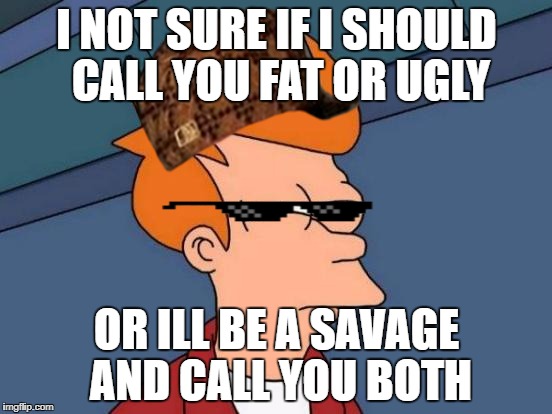 Futurama Fry Meme | I NOT SURE IF I SHOULD CALL YOU FAT OR UGLY; OR ILL BE A SAVAGE AND CALL YOU BOTH | image tagged in memes,futurama fry,scumbag | made w/ Imgflip meme maker
