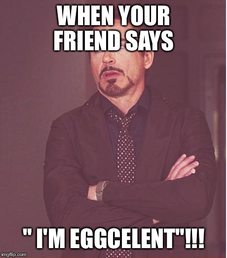 Face You Make Robert Downey Jr | WHEN YOUR FRIEND SAYS; " I'M EGGCELENT"!!! | image tagged in memes,face you make robert downey jr | made w/ Imgflip meme maker