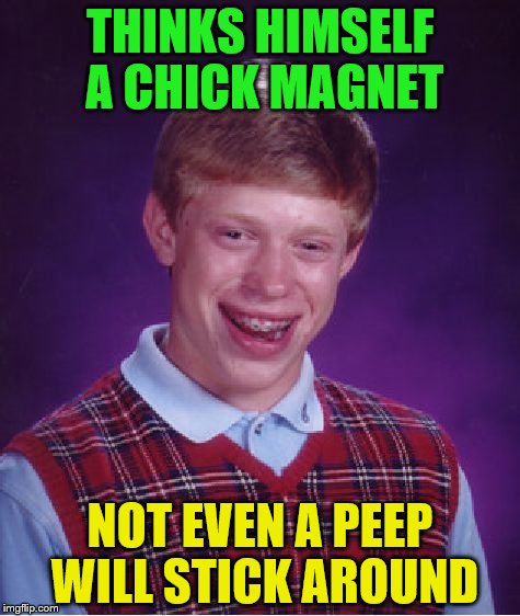 Bad Luck Brian Meme | THINKS HIMSELF A CHICK MAGNET; NOT EVEN A PEEP WILL STICK AROUND | image tagged in memes,bad luck brian | made w/ Imgflip meme maker