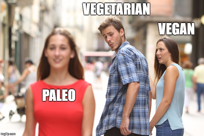 Distracted Boyfriend | VEGETARIAN; VEGAN; PALEO | image tagged in guy looking at other girl | made w/ Imgflip meme maker
