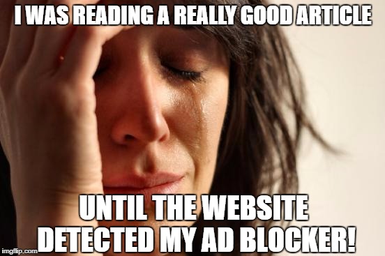 First World Problems | I WAS READING A REALLY GOOD ARTICLE; UNTIL THE WEBSITE DETECTED MY AD BLOCKER! | image tagged in memes,first world problems | made w/ Imgflip meme maker