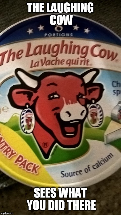 The cow sees it all..
 | THE LAUGHING COW; SEES WHAT YOU DID THERE | image tagged in laughing cow,laughing cow meme | made w/ Imgflip meme maker