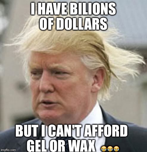 Donald Trump 1 | I HAVE BILIONS OF DOLLARS; BUT I CAN'T AFFORD GEL OR WAX 
😂😂😂 | image tagged in donald trump 1 | made w/ Imgflip meme maker