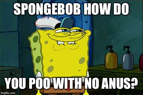 Don't You Squidward | SPONGEBOB HOW DO; YOU POO WITH NO ANUS? | image tagged in memes,dont you squidward | made w/ Imgflip meme maker