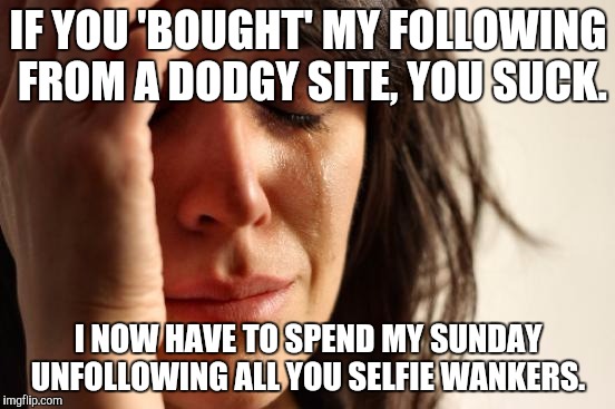 First World Problems Meme | IF YOU 'BOUGHT' MY FOLLOWING FROM A DODGY SITE, YOU SUCK. I NOW HAVE TO SPEND MY SUNDAY UNFOLLOWING ALL YOU SELFIE WANKERS. | image tagged in memes,first world problems | made w/ Imgflip meme maker