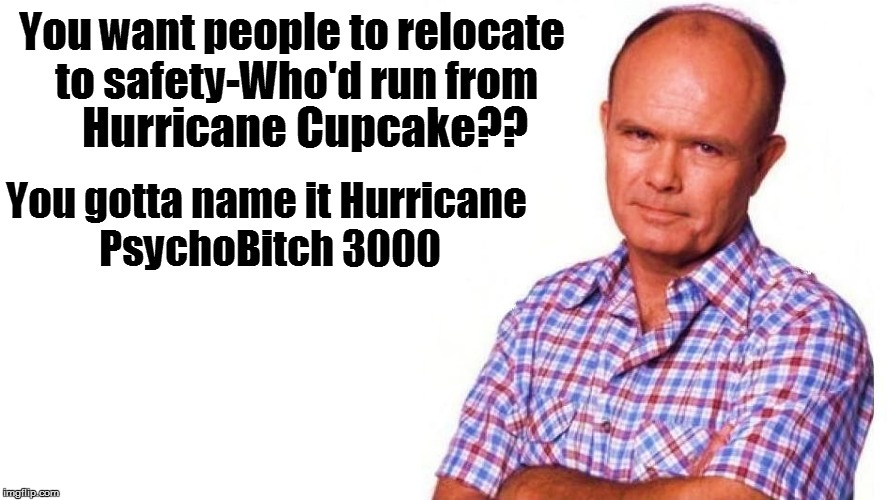You want people to relocate to safety-Who'd run from You gotta name it Hurricane PsychoB**ch 3000 Hurricane Cupcake?? | made w/ Imgflip meme maker