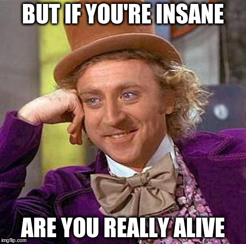 Creepy Condescending Wonka Meme | BUT IF YOU'RE INSANE ARE YOU REALLY ALIVE | image tagged in memes,creepy condescending wonka | made w/ Imgflip meme maker