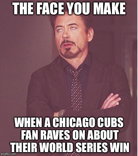 Face You Make Robert Downey Jr | THE FACE YOU MAKE; WHEN A CHICAGO CUBS FAN RAVES ON ABOUT THEIR WORLD SERIES WIN | image tagged in memes,face you make robert downey jr | made w/ Imgflip meme maker