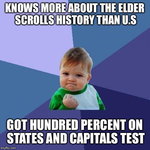 Teachers was impressed  | KNOWS MORE ABOUT THE ELDER SCROLLS HISTORY THAN U.S; GOT HUNDRED PERCENT ON STATES AND CAPITALS TEST | image tagged in memes,success kid | made w/ Imgflip meme maker