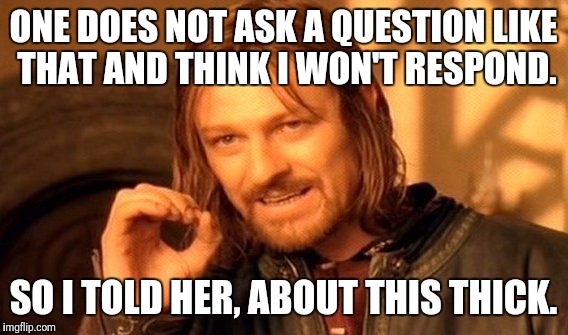 One Does Not Simply Meme | ONE DOES NOT ASK A QUESTION LIKE THAT AND THINK I WON'T RESPOND. SO I TOLD HER, ABOUT THIS THICK. | image tagged in memes,one does not simply | made w/ Imgflip meme maker