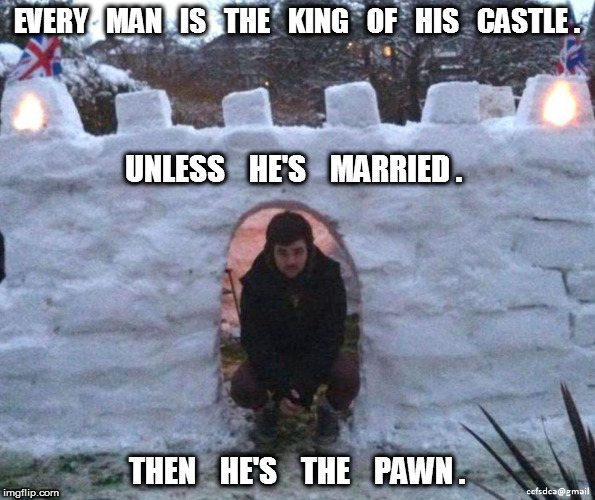 King of His Castle | EVERY   MAN   IS   THE   KING   OF   HIS   CASTLE . UNLESS    HE'S    MARRIED . THEN    HE'S    THE    PAWN . | image tagged in king,pawn,castle,man,married | made w/ Imgflip meme maker