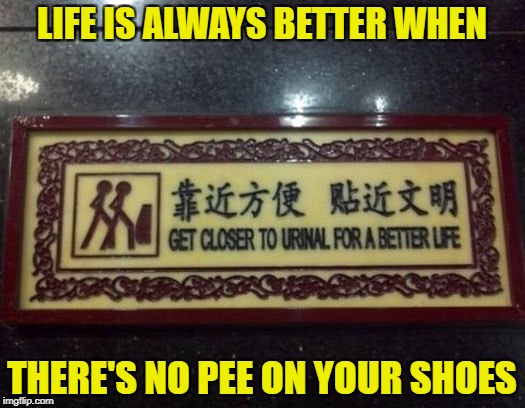 No arguments from me... | LIFE IS ALWAYS BETTER WHEN; THERE'S NO PEE ON YOUR SHOES | image tagged in funny signs,memes,no pee zone,funny,signs | made w/ Imgflip meme maker